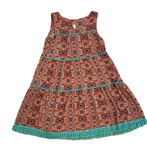 Uncle Frank coral mandala shift dress with piping and fringe, EUC size S